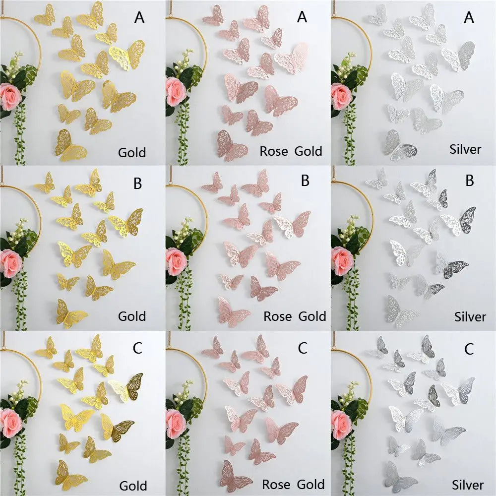 Set von drei 3D-Hohl-Schmetterlings-Wandaufklebern in Gold, Roségold und Silber.