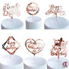 Rose gold acrylic happy birthday cake toppers on white cake stands
