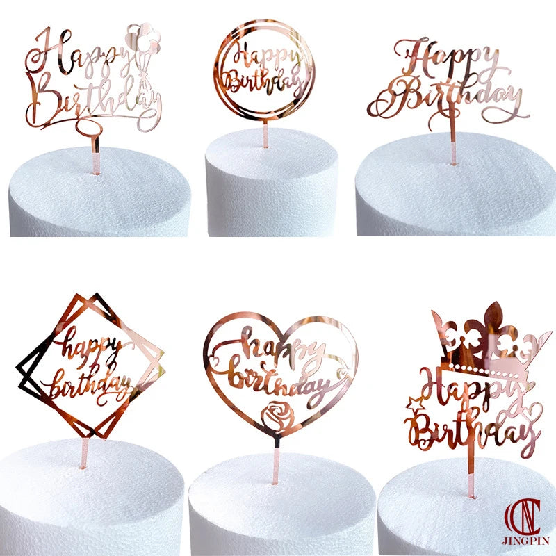 Rose gold acrylic happy birthday cake toppers on white cake stands