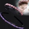 A crystal rhinestone headband for women is shown being worn by a model and displayed on a black comb.