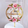 Rose gold acrylic wreath with pink roses and happy anniversary text on a gold stick
