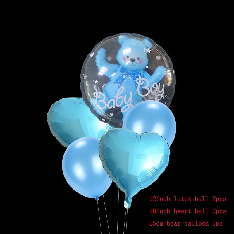 A set of blue bear and heart latex balloons for baby shower and birthday parties