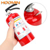A red fire extinguisher shaped like a piggy bank is shown being held, with an inset view of the top mechanism.
