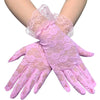 Pair of sheer pink lace gloves worn on a hand and arm.