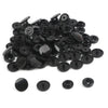 A pile of assorted black snap buttons measuring 12mm and 10.5mm for crafting.