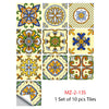 A set of ten decorative mandala tiles featuring intricate floral patterns in yellow, orange, and blue.