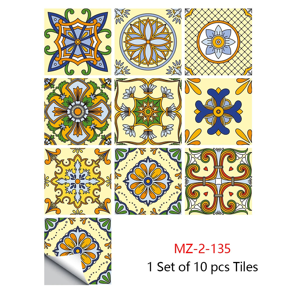 A set of ten decorative mandala tiles featuring intricate floral patterns in yellow, orange, and blue.