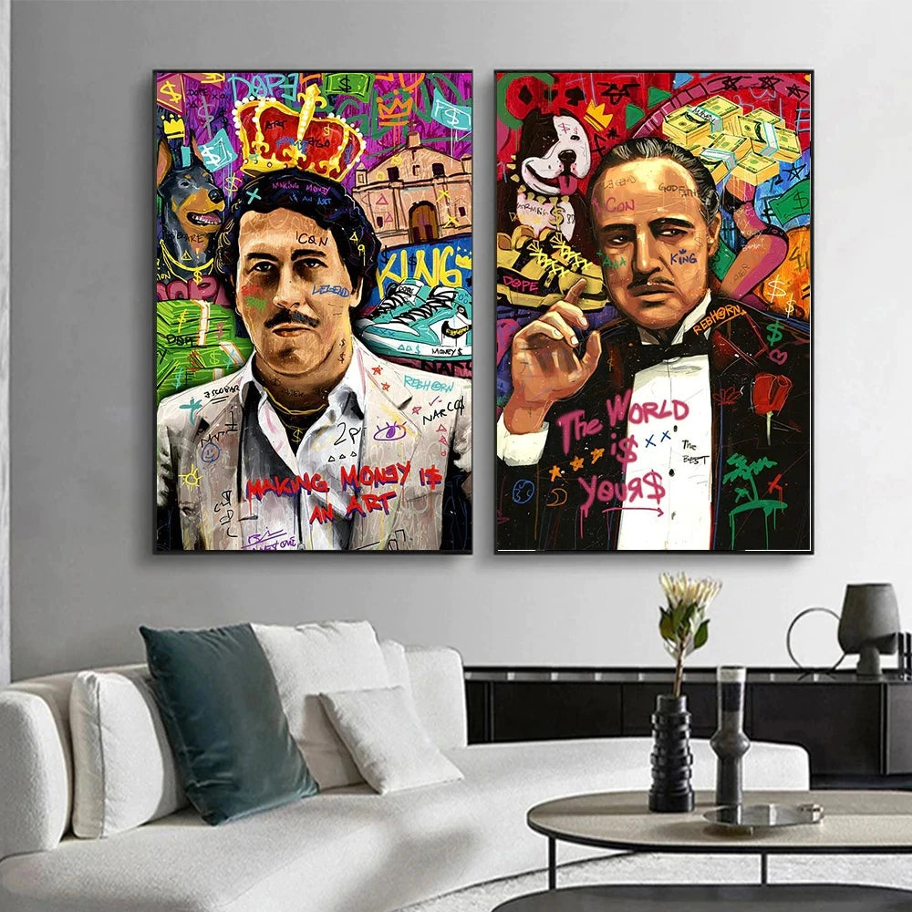Two framed abstract graffiti canvas wall art prints featuring portraits with vibrant colors and street art style