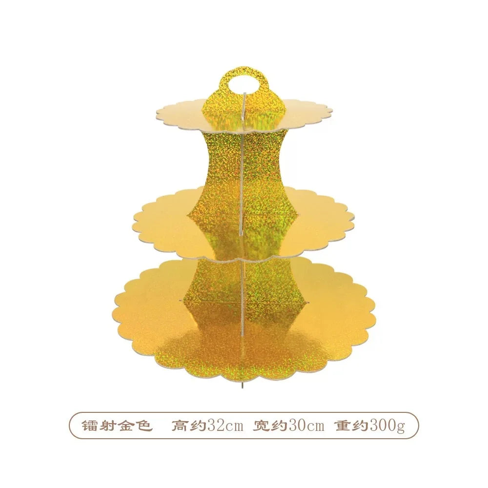 A three-tier gold cardboard cupcake stand for parties and events.