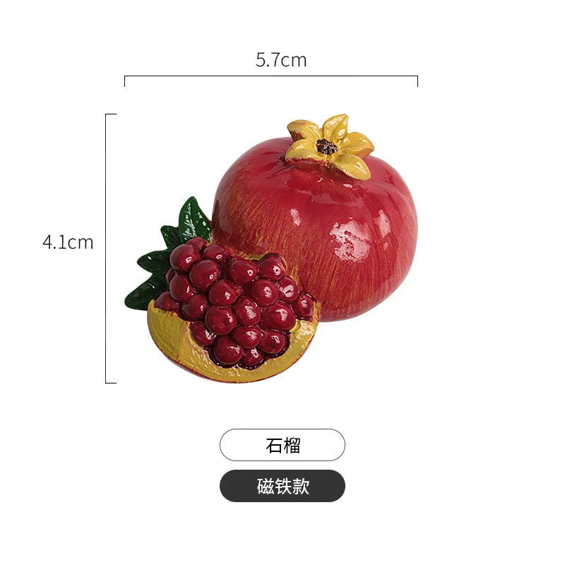 A set of realistic fruit and vegetable fridge magnets featuring a red plum with a yellow flower and a cluster of red berries.