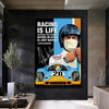 A canvas poster featuring a black and yellow graphic with text about racing and a yellow sports car.