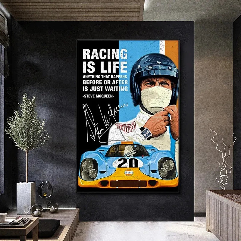 A canvas poster featuring a black and yellow graphic with text about racing and a yellow sports car.
