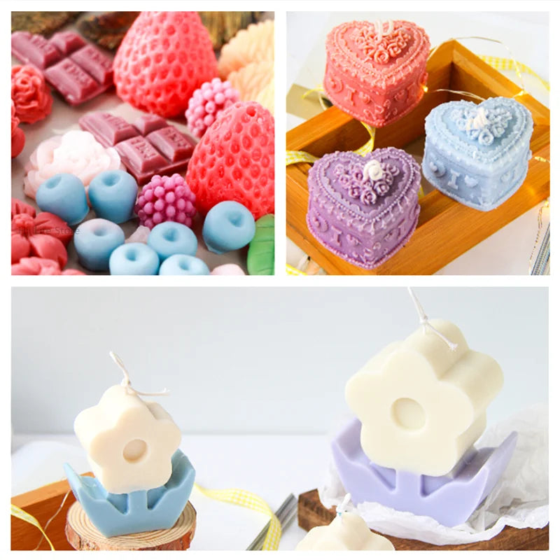 A collection of colorful soy candle dye colorants in various shades like pink, purple, and blue, displayed alongside finished
