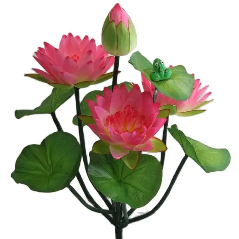 Artificial lotus flower bunch with pink and green accents featuring a small green frog