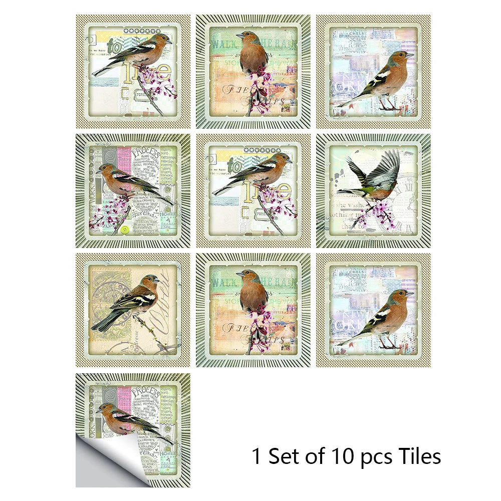 A set of ten square tiles featuring watercolor illustrations of various birds on a light background