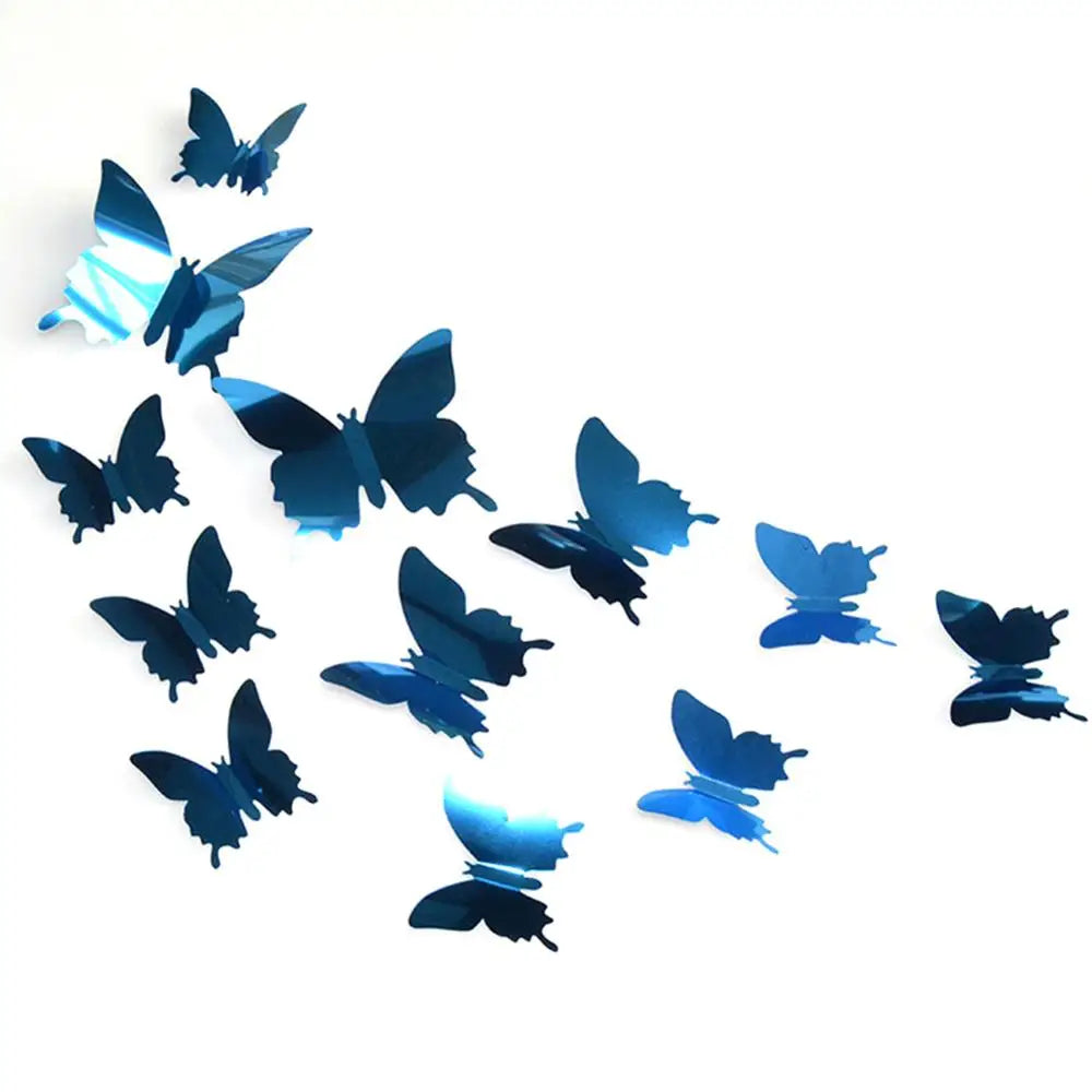 A set of twelve mirror effect butterfly wall stickers in various shades of blue and teal.
