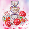 A collection of ten heart-shaped foil balloons in various colors including pink, purple, and red, with letters I, Love, and U