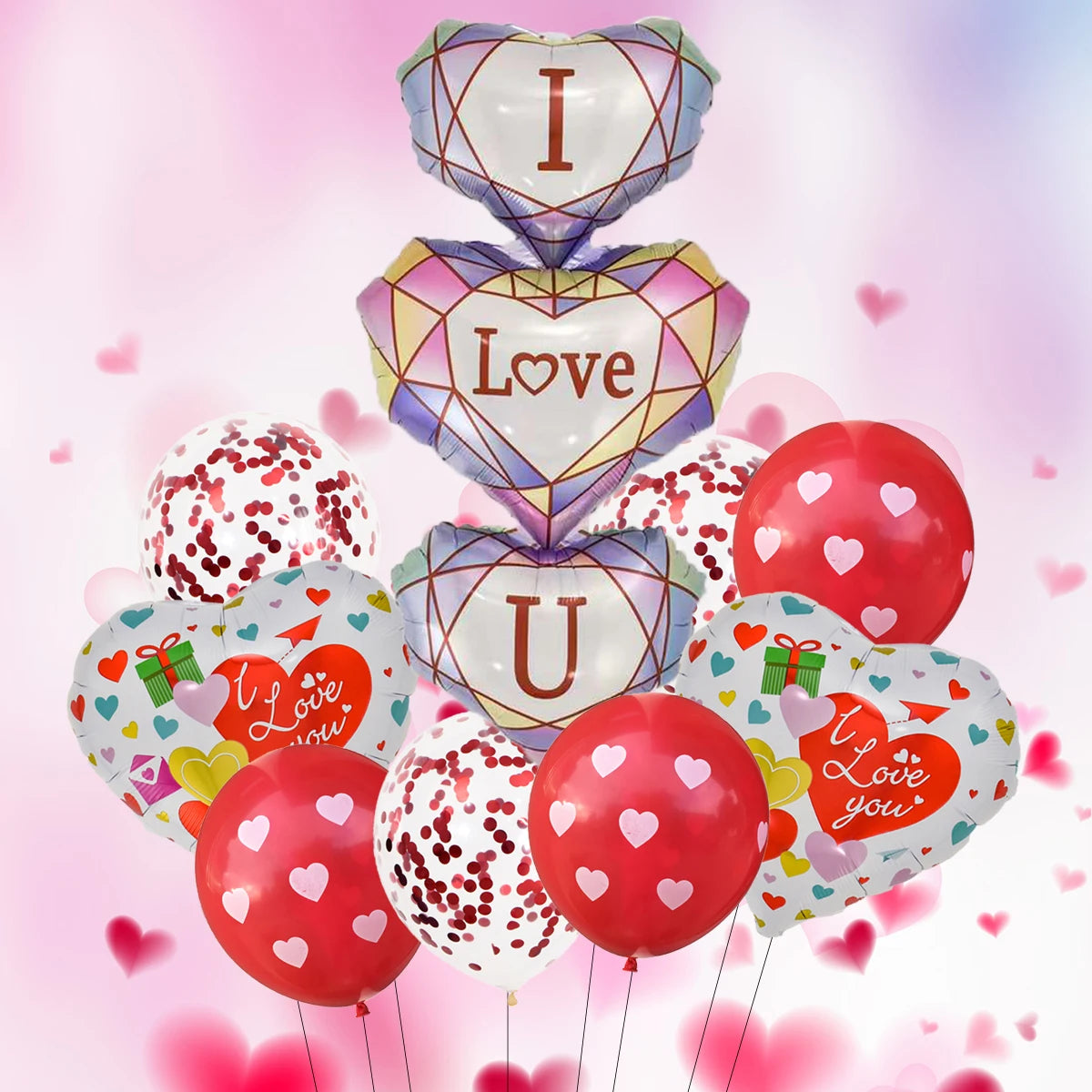 A collection of ten heart-shaped foil balloons in various colors including pink, purple, and red, with letters I, Love, and U