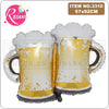 A pair of gold and white aluminum foil beer mugs or champagne glasses with foam topping.
