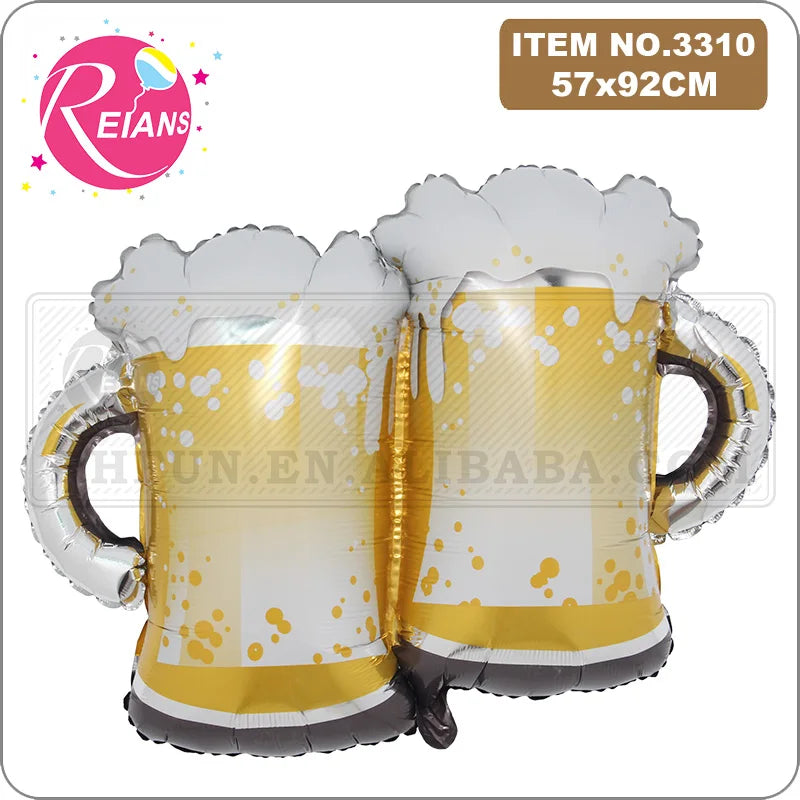 A pair of gold and white aluminum foil beer mugs or champagne glasses with foam topping.
