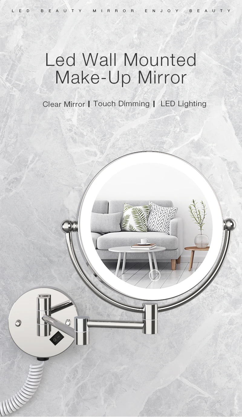 A round, wall-mounted LED makeup mirror with a silver frame and adjustable arm is shown against a marbled background.