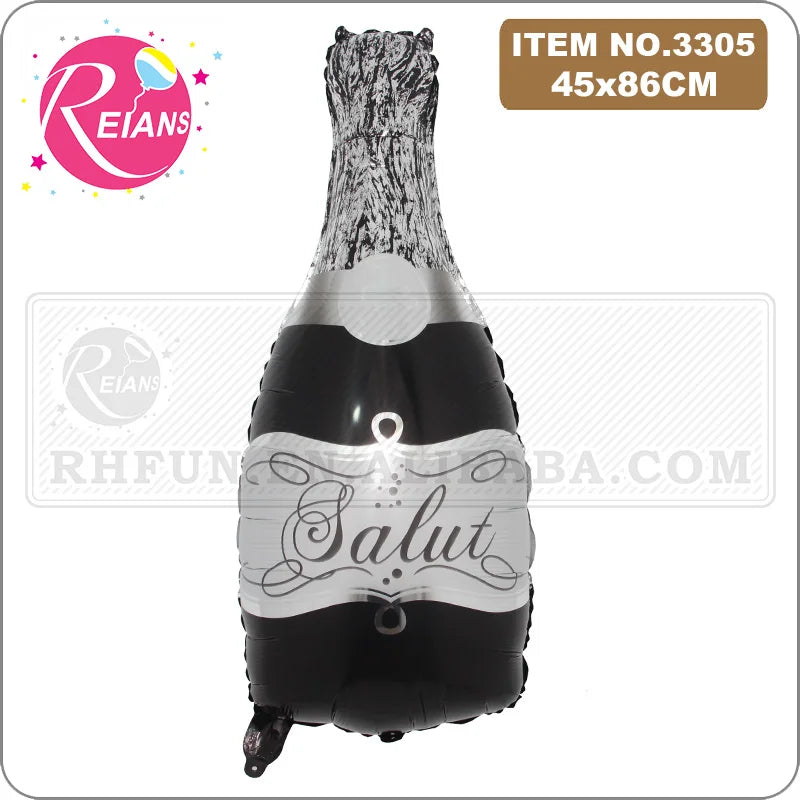 A black and silver foil balloon shaped like a champagne bottle with the word Salut written on it.