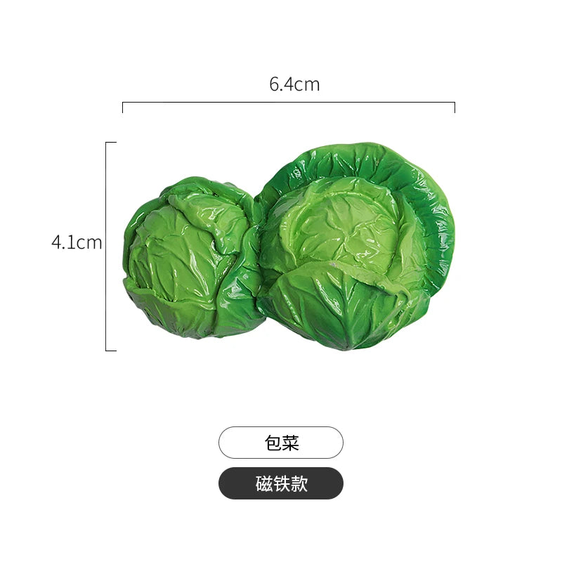 A set of realistic green fruit and vegetable fridge magnets, shaped like leafy produce.