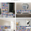 A shower room interior featuring decorative mandala tile stickers on the walls and vanity area.