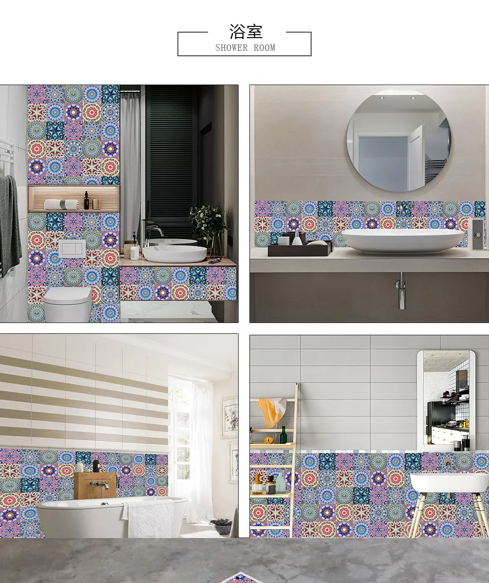 A shower room interior featuring decorative mandala tile stickers on the walls and vanity area.
