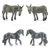 A set of realistic gray farm animal figurines, including a donkey, a horse, and a wolf.