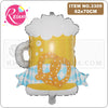 A large yellow and gold aluminum foil champagne bottle balloon with a white foam top and blue patterned ribbon.