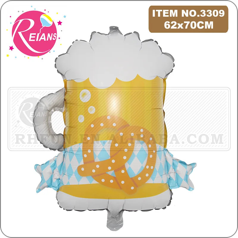 A large yellow and gold aluminum foil champagne bottle balloon with a white foam top and blue patterned ribbon.