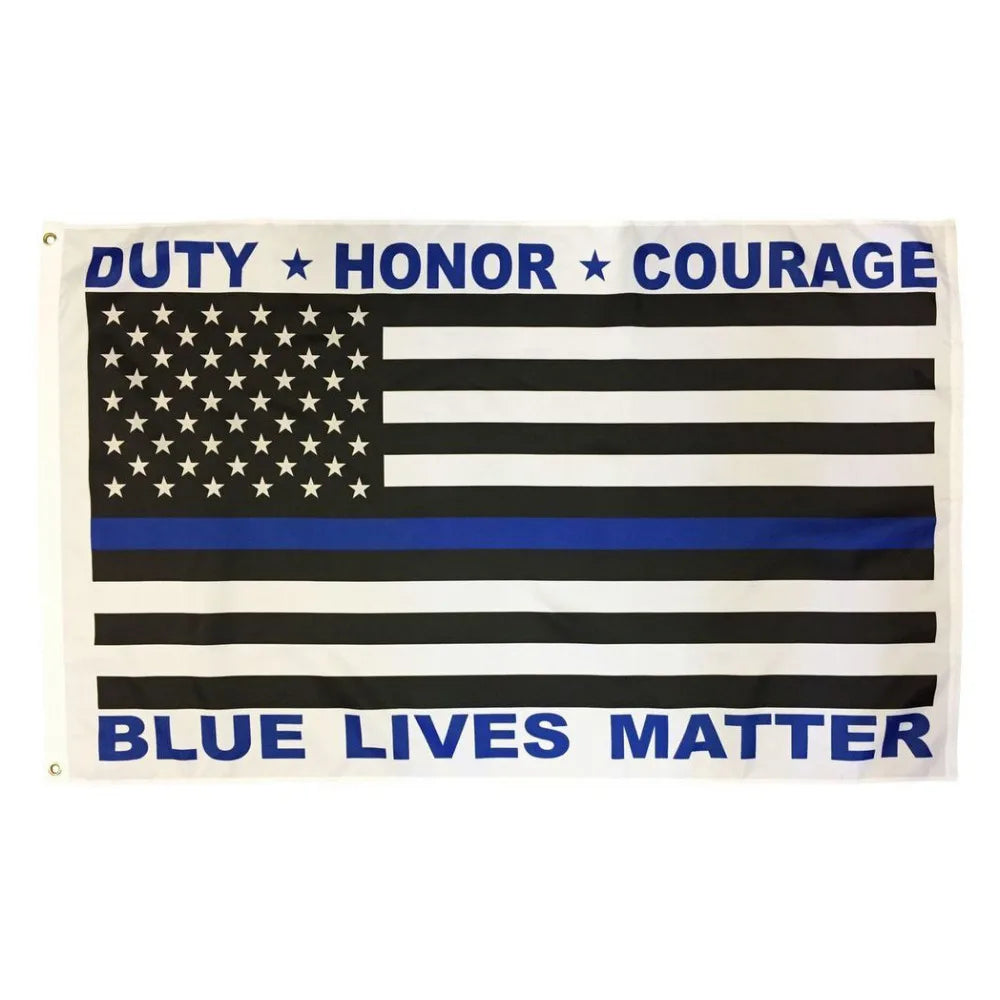 A rectangular flag featuring the American flag design with text reading Duty Honor Courage and Blue Lives Matter