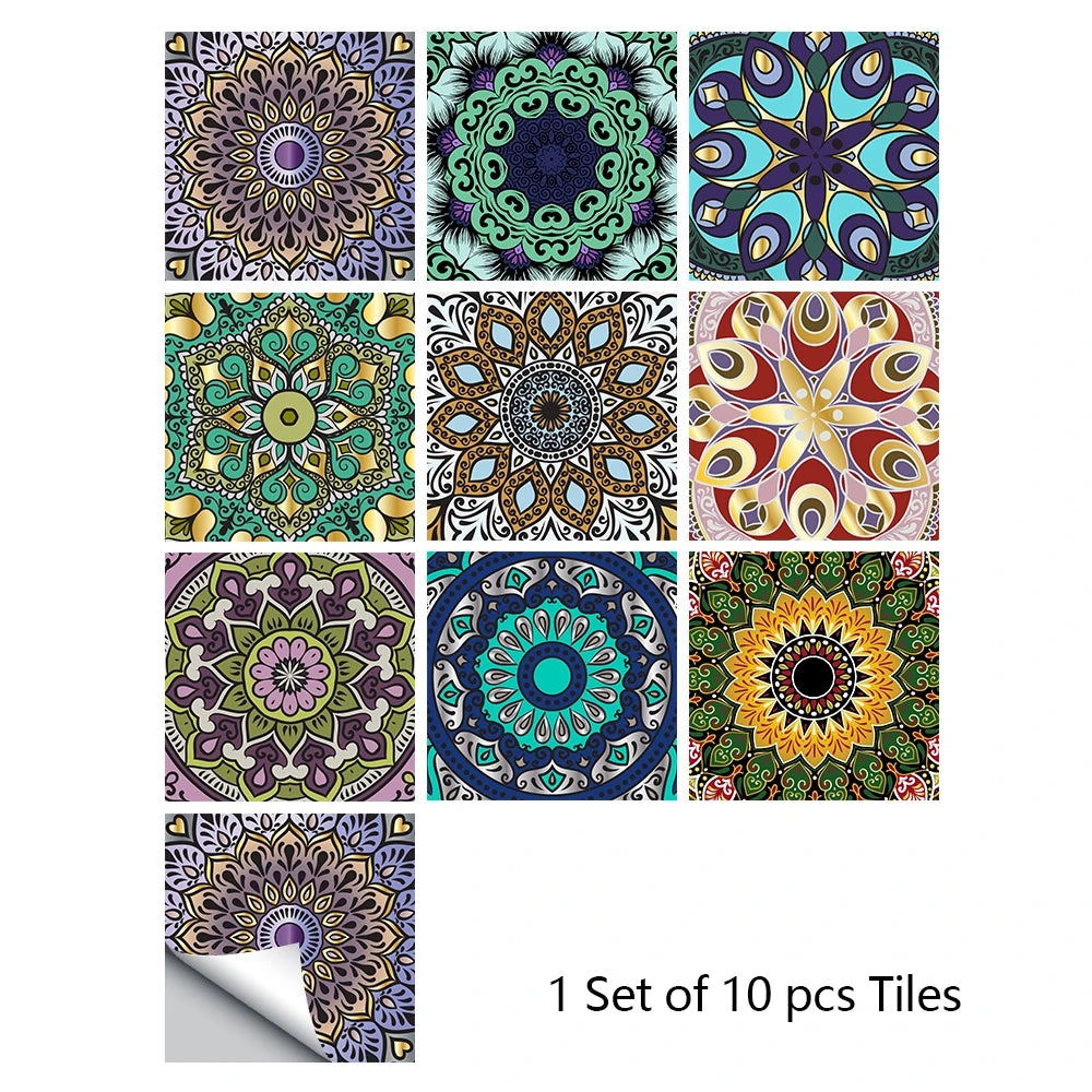 A set of ten colorful mandala tiles for decorative wall art