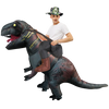 A man wearing a T-Rex inflatable costume and a camouflage hat poses with a prop claw.