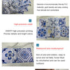 A set of blue and white Moroccan tile stickers featuring intricate patterns, demonstrating high-precision printing and waterp