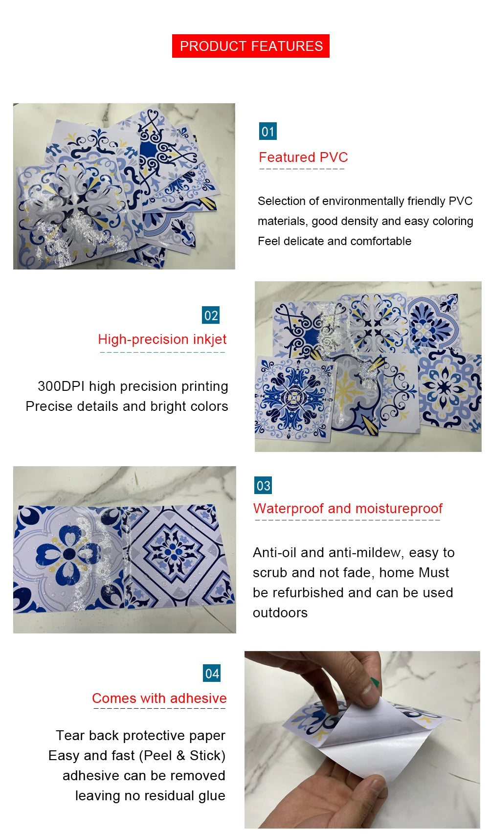 A set of blue and white Moroccan tile stickers featuring intricate patterns, demonstrating high-precision printing and waterp