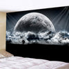 A dark tapestry featuring a large moon dominating the night sky with dramatic light rays and clouds.