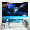 A tapestry depicting a vibrant night sky with a full moon and a spiral galaxy above a landscape view.
