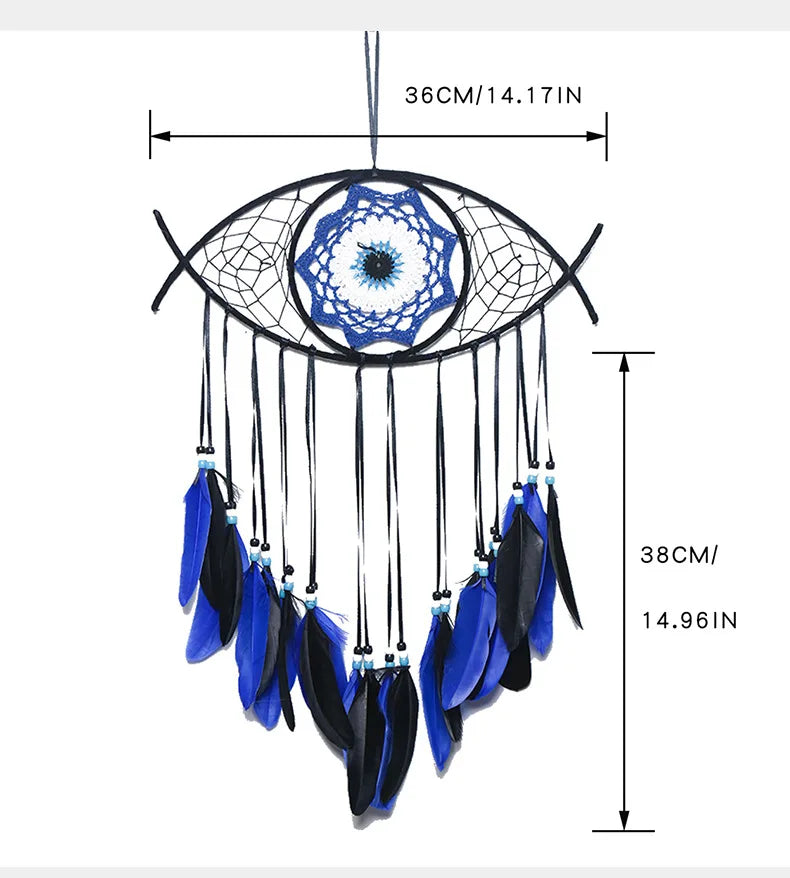 Handmade boho evil eye dream catcher wall decor featuring a blue and black netted eye with dangling feathers