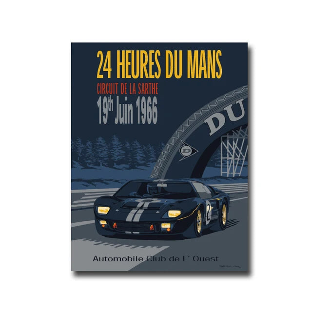 Poster for the 24 Hours du Mans circuit of the 19th June 1966 featuring a black sports car.