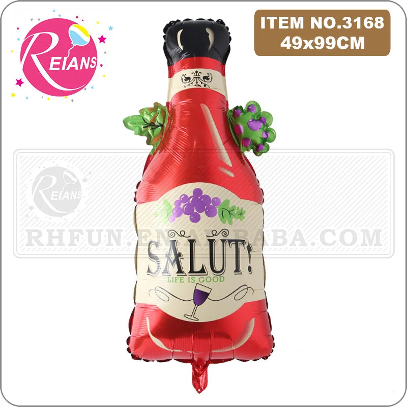A red foil balloon shaped like a champagne bottle with green leaves and a gold foil seal.