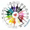 A circular chart showing various colors and shades of purple, green, yellow, orange, and pink latex balloons.