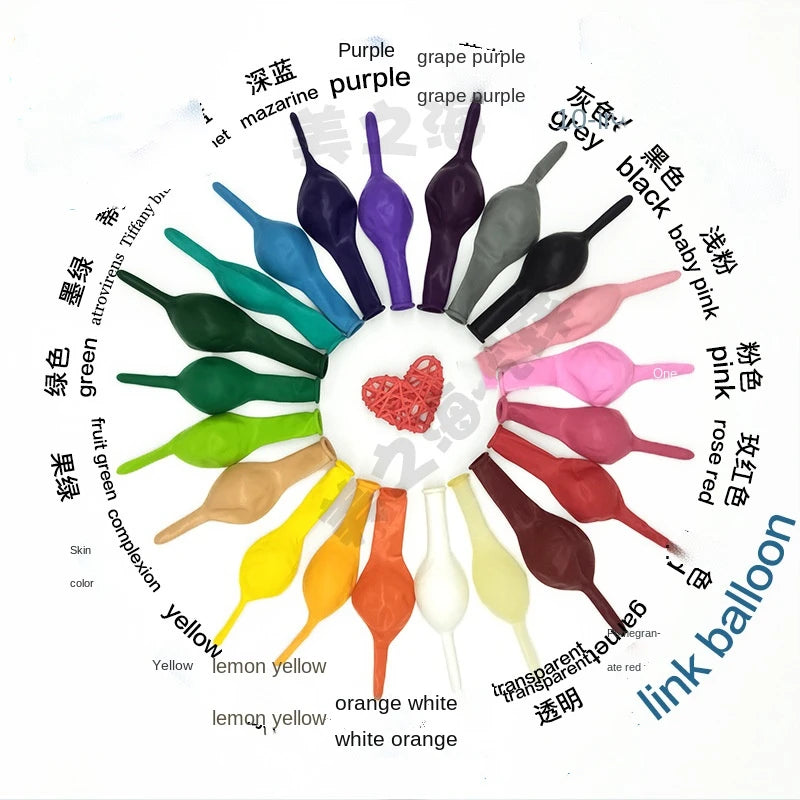A circular chart showing various colors and shades of purple, green, yellow, orange, and pink latex balloons.