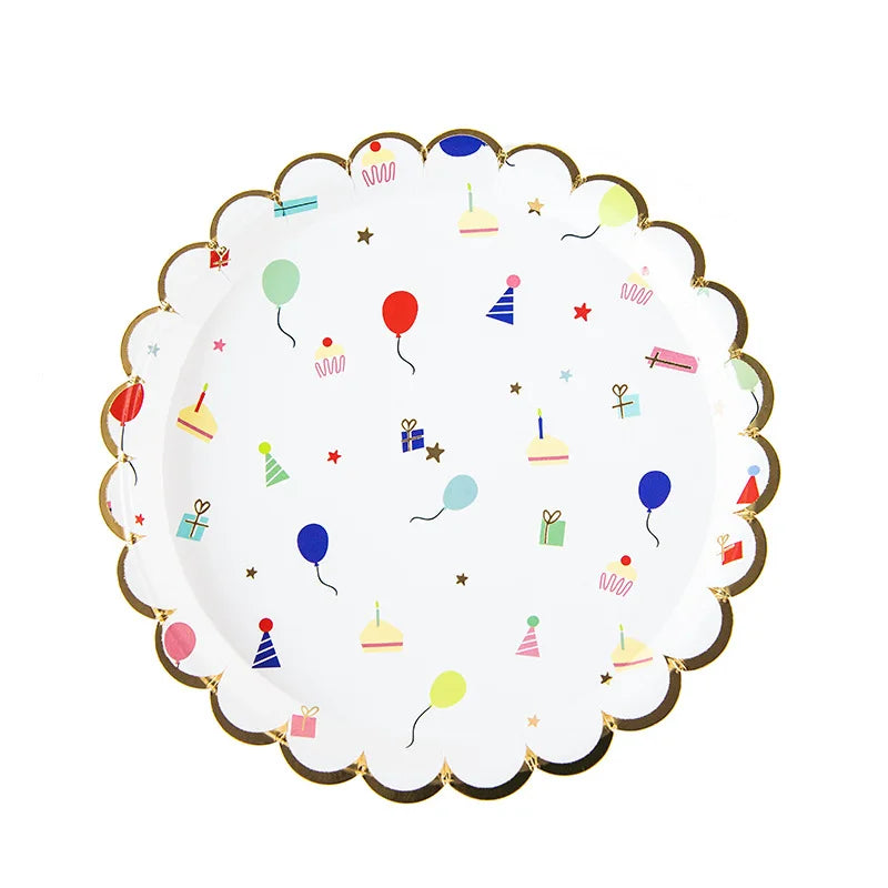A white paper plate with a gold rim decorated with colorful balloons and party icons for children's events.
