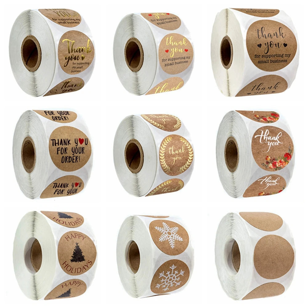Rolls of kraft paper thank you stickers with various designs for small business packaging