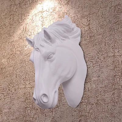 White 3D resin horse head wall sculpture mounted on a textured wall.