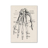 Vintage human anatomy canvas art print showing a detailed diagram of the hand and wrist bones.