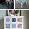 A white cabinet featuring decorative mandala tile stickers on the doors and drawers.