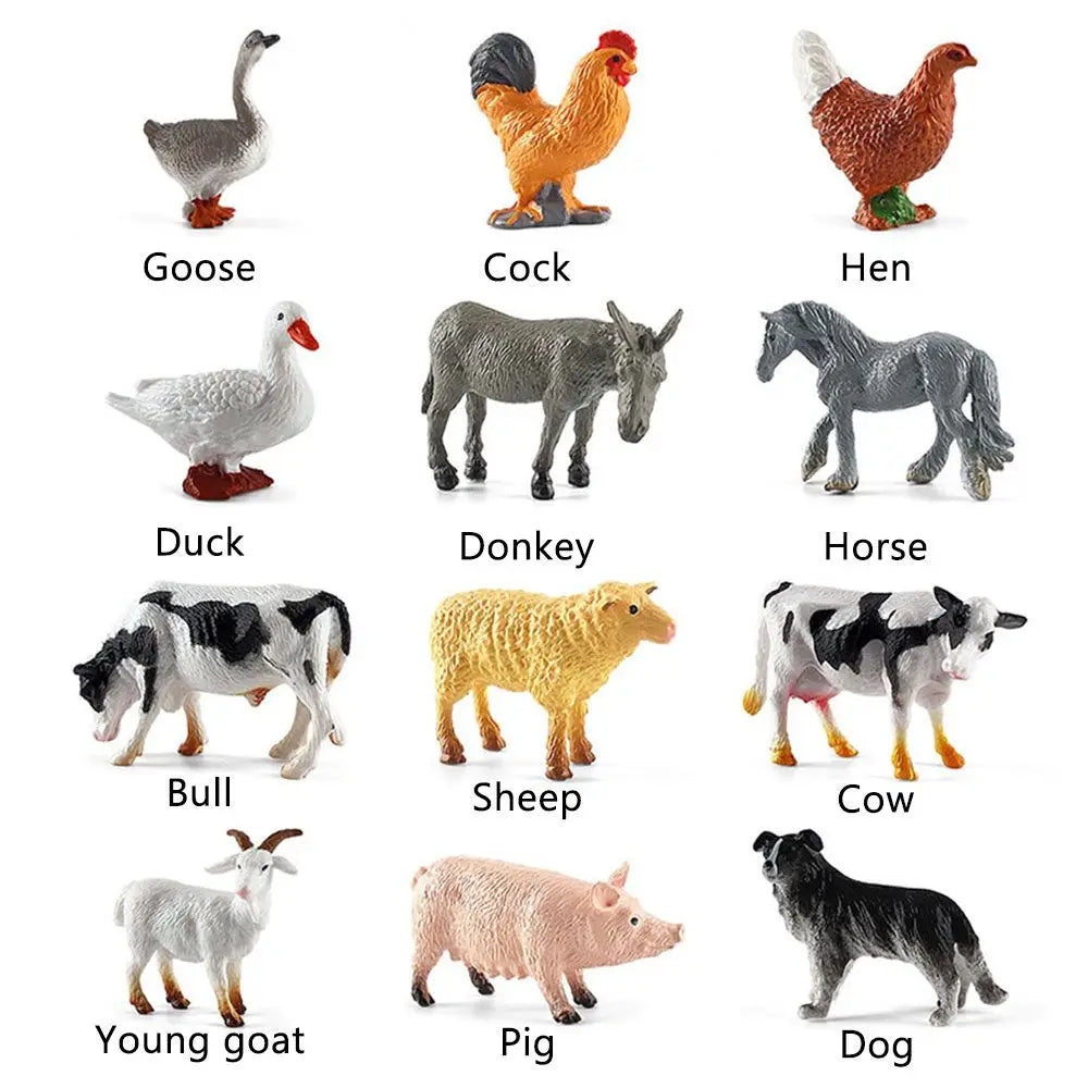 A collection of realistic farm animal figurines including a goose, hen, duck, donkey, horse, bull, sheep, cow, pig, young goa